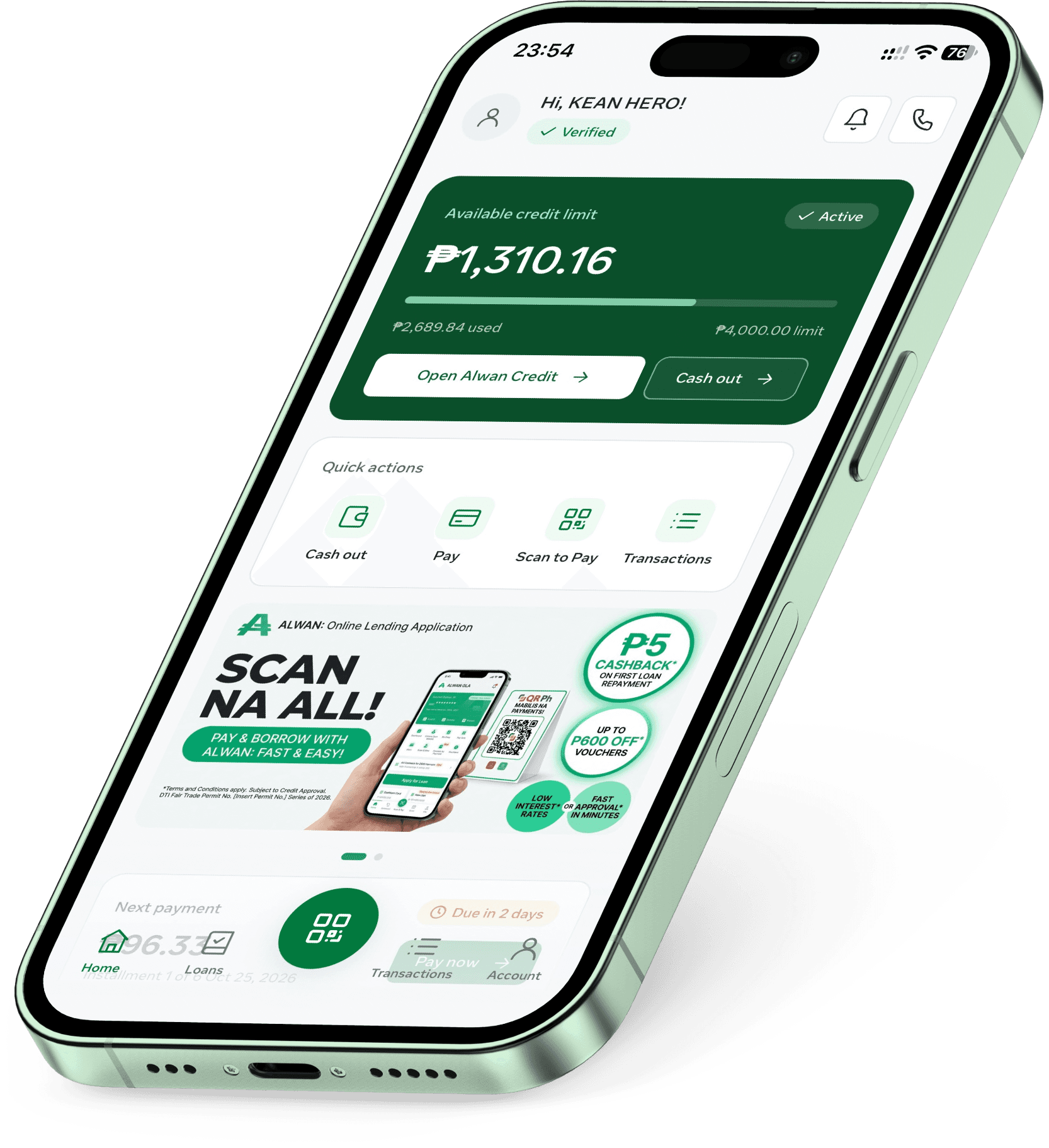 The Alwan app's Home screen on an iPhone: available credit limit, quick actions and the next payment.